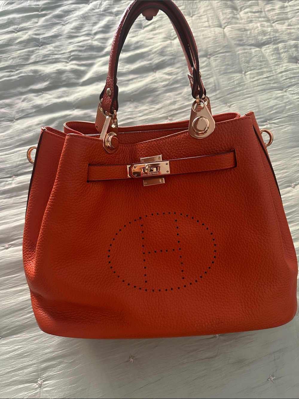 Orange Leather Tote Handbag with Gold Hardware